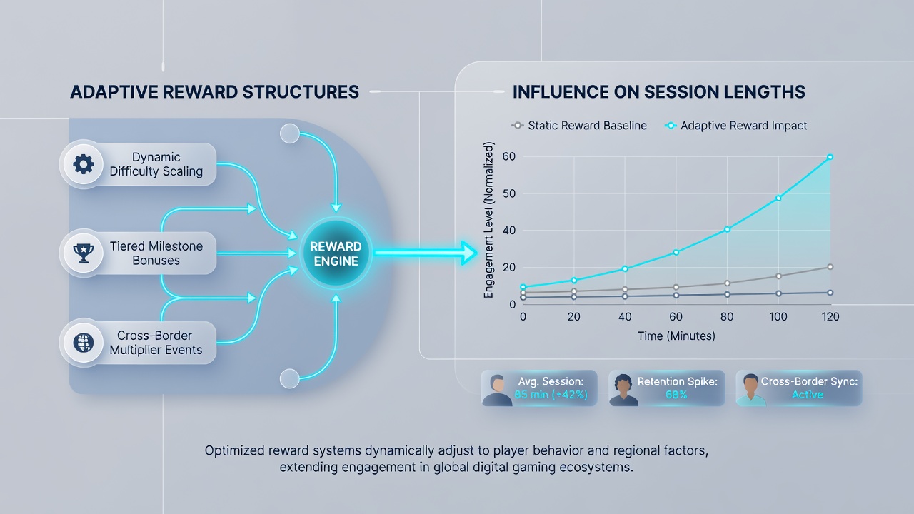 Analytics dashboard displaying session duration trends and reward adaptation impacts in international gaming platforms