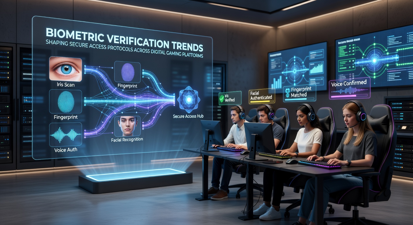Secure access protocol dashboard showing biometric verification metrics on a gaming platform