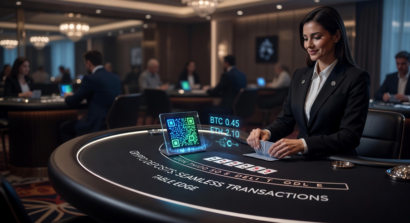 Digital illustration showing cryptocurrency flowing into a live dealer blackjack table interface, highlighting instant deposit notifications and secure blockchain icons