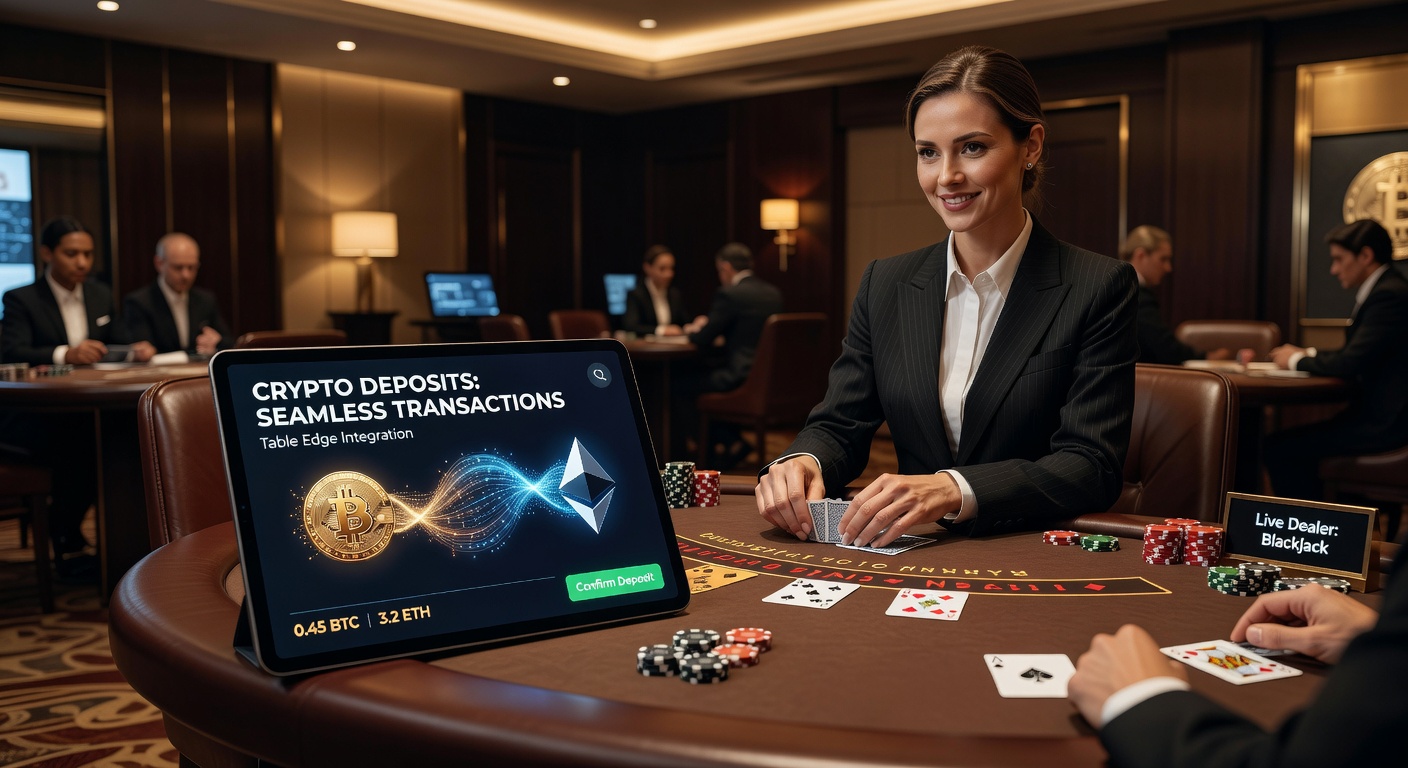 Close-up of a live dealer roulette wheel with overlaid crypto deposit confirmation screen, displaying real-time blockchain transaction details and chip stacks