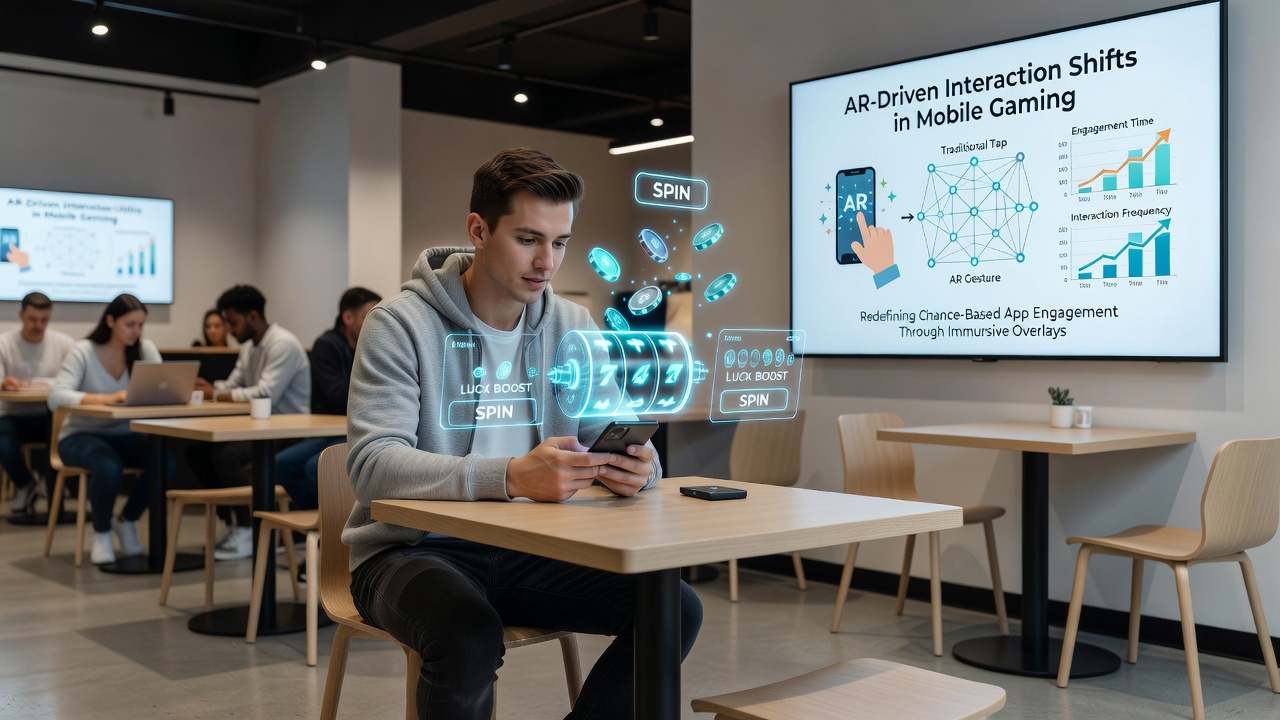 User interacting with AR-enhanced chance game through smartphone camera in a real-world setting