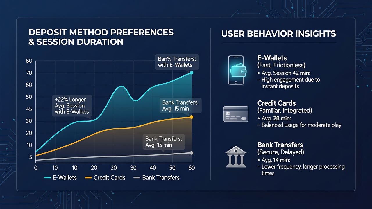 Analytics dashboard displaying correlation charts between payment methods and user session lengths in gambling apps