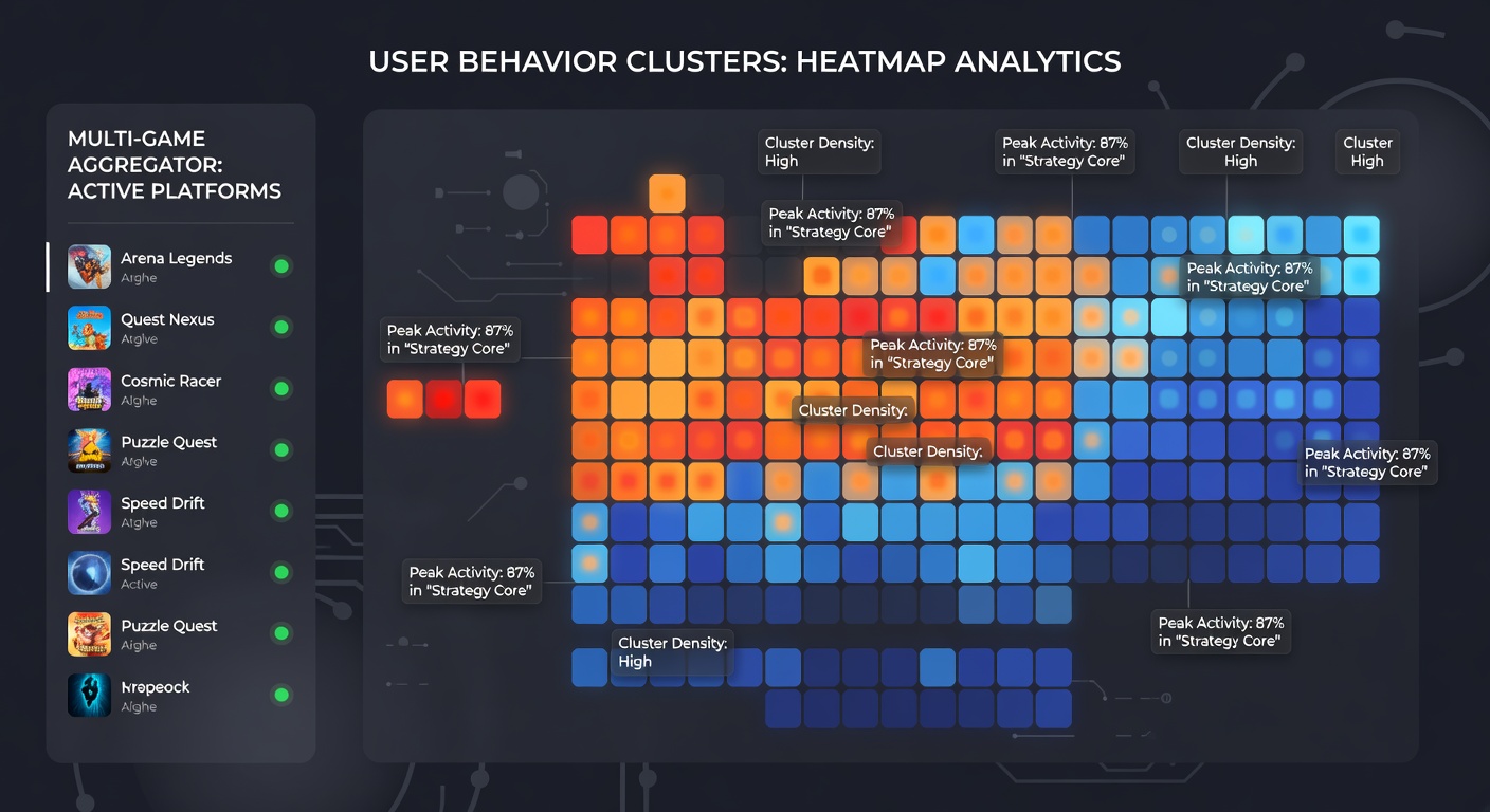 Heatmap visualization showing clustered user interactions across multiple game interfaces in an aggregator platform