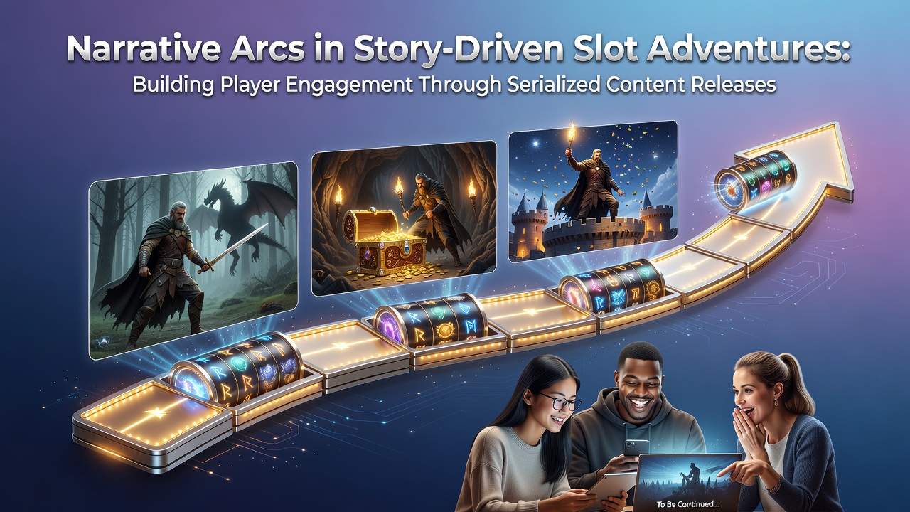 Illustration of interconnected story chapters unfolding across multiple slot game sessions with character progression and episodic rewards
