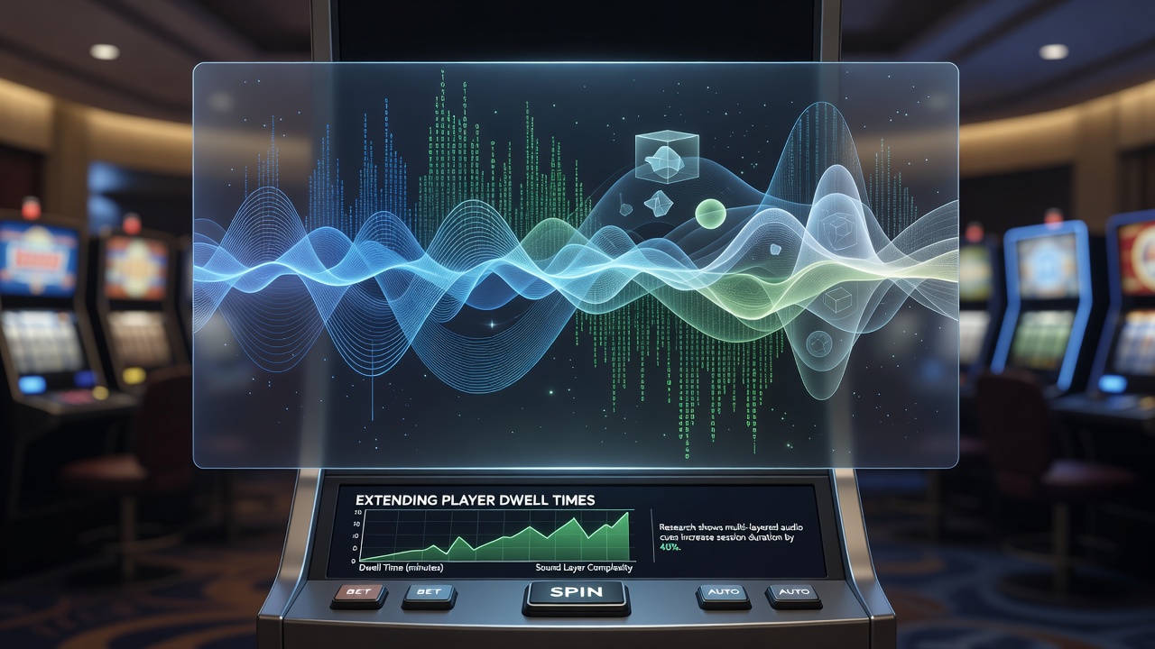 Server rack visualization showing regional audio processing nodes connected to slot game instances