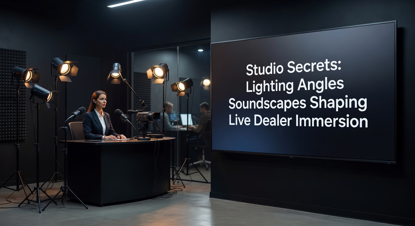 A high-tech live dealer studio bathed in precisely angled lights, highlighting the dealer's focused expression and table details for enhanced viewer immersion