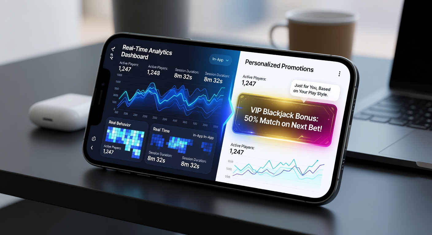 Real-time analytics dashboard displaying player behavior metrics and promotion triggers on a mobile casino interface