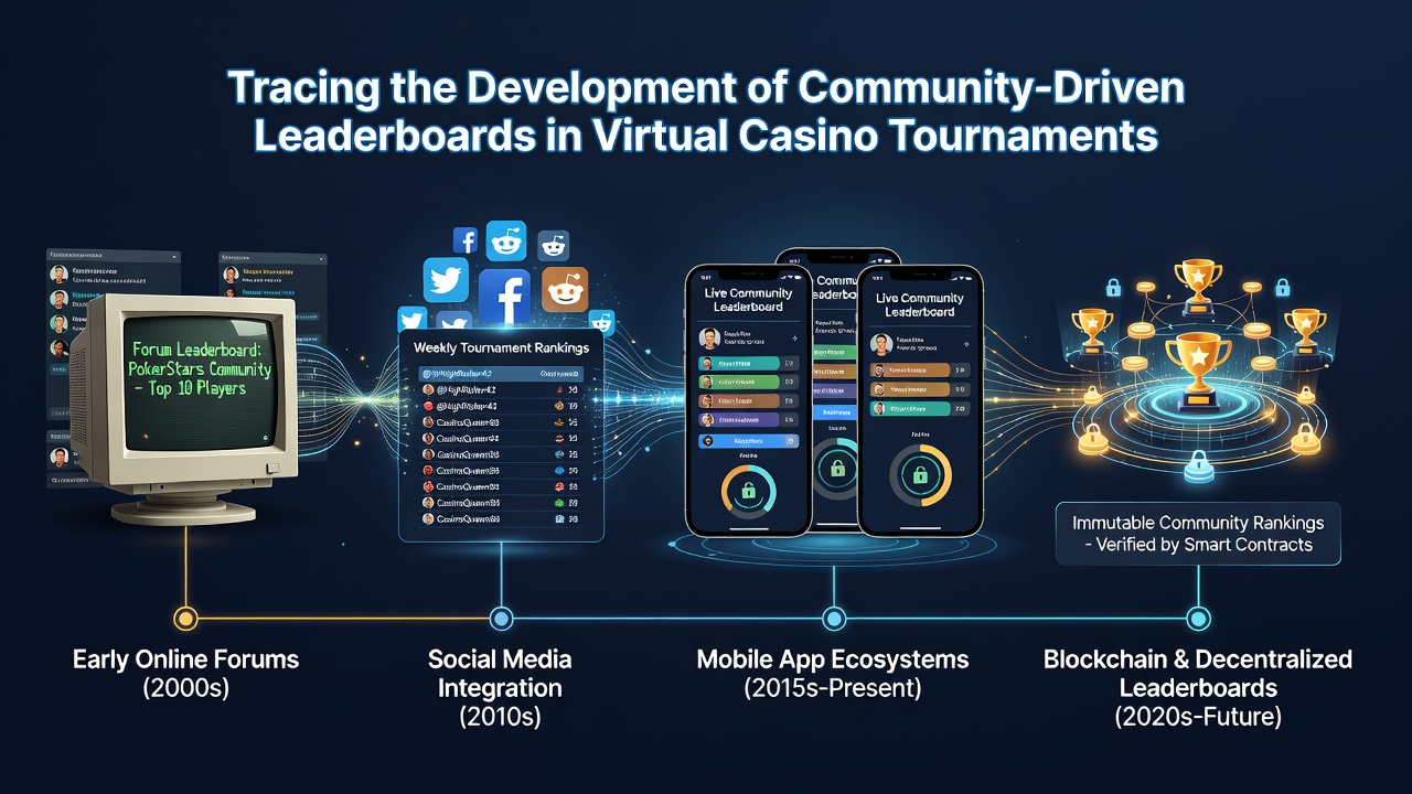 Historical progression of community leaderboards in virtual casino tournaments showing early text-based rankings evolving into interactive social displays